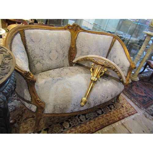 290 - Gilded Damask Upholstered Settee Tub Framed Cabriole Supports Approximately 5ft 5 Inches Wide
