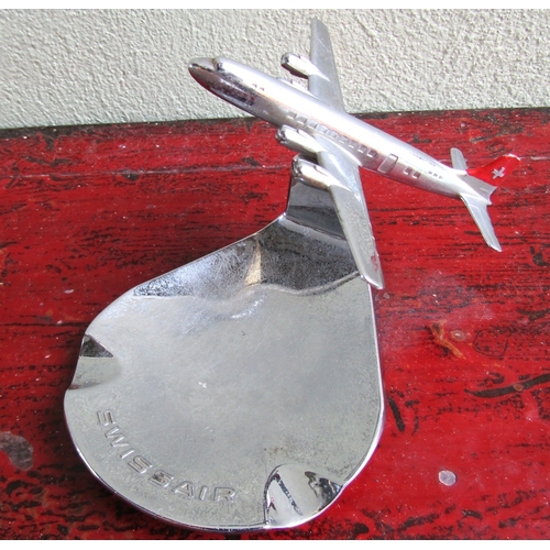 294 - Vintage Chrome Plated Swissair Ashtray with Adjustable Aeroplane Approximately 7 Inches Wide x 6 Inc... 