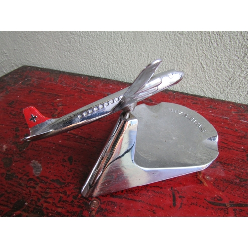 294 - Vintage Chrome Plated Swissair Ashtray with Adjustable Aeroplane Approximately 7 Inches Wide x 6 Inc... 
