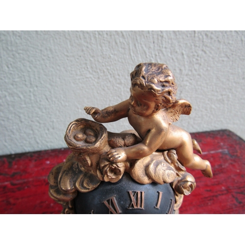 295 - Antique Gilded Bronze Cherub and Bird Nest Motif Globe Form Mantle Clock Roman Numeral Decorated Dia... 