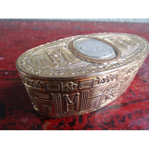 297 - Gilded Silver Table Box Oval Form with Inset Medallion Hinged Cover Approximately 12cm Wide