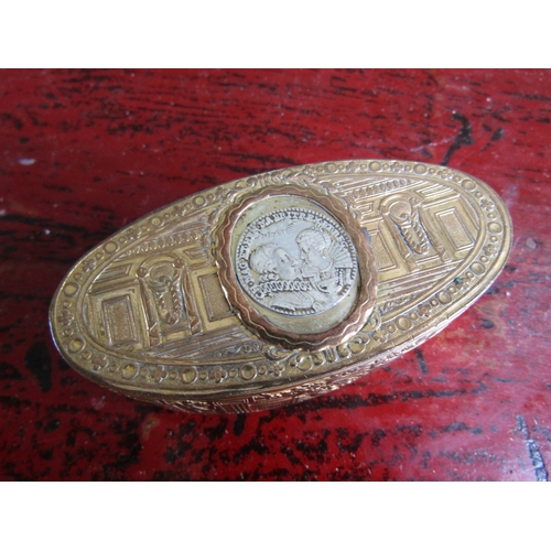 297 - Gilded Silver Table Box Oval Form with Inset Medallion Hinged Cover Approximately 12cm Wide