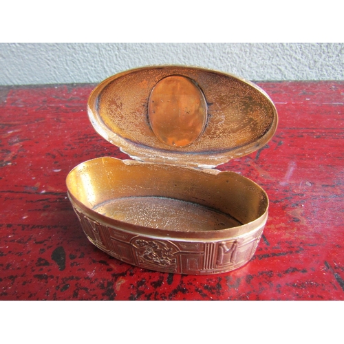 297 - Gilded Silver Table Box Oval Form with Inset Medallion Hinged Cover Approximately 12cm Wide