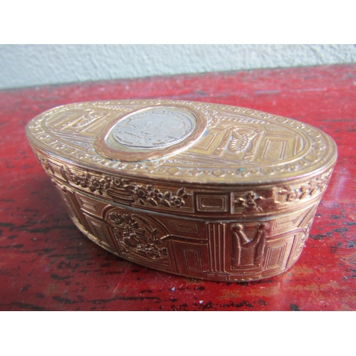 297 - Gilded Silver Table Box Oval Form with Inset Medallion Hinged Cover Approximately 12cm Wide