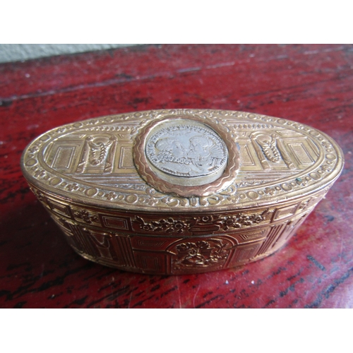 297 - Gilded Silver Table Box Oval Form with Inset Medallion Hinged Cover Approximately 12cm Wide