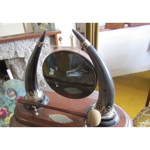 33 - Antique Horn Mounted Dinner Gong with Beater on Mahogany Base Full Size