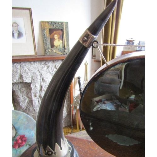 33 - Antique Horn Mounted Dinner Gong with Beater on Mahogany Base Full Size