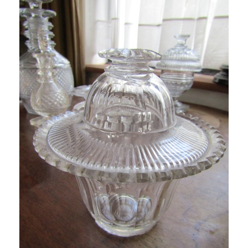 40 - Two Regency Irish Crystal Table Jars with Original Covers Each Approximately 7 Inches High