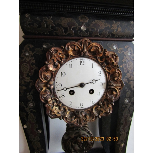 46 - Antique Brassed Inlaid Mantle Clock Enamel Dial Key and Pendulum Present Approximately 18 Inches Hig... 