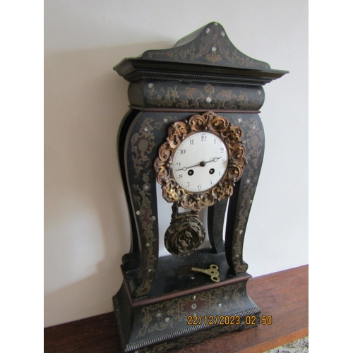 46 - Antique Brassed Inlaid Mantle Clock Enamel Dial Key and Pendulum Present Approximately 18 Inches Hig... 