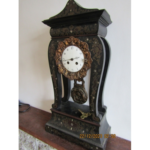 46 - Antique Brassed Inlaid Mantle Clock Enamel Dial Key and Pendulum Present Approximately 18 Inches Hig... 