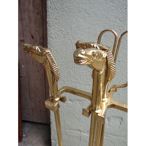 51 - Set of Equine Motif Decorated Cast Iron Fire Irons with Original Integral Stand Full Size