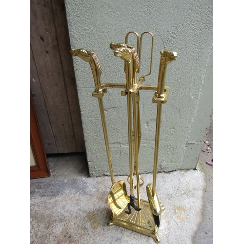 51 - Set of Equine Motif Decorated Cast Iron Fire Irons with Original Integral Stand Full Size