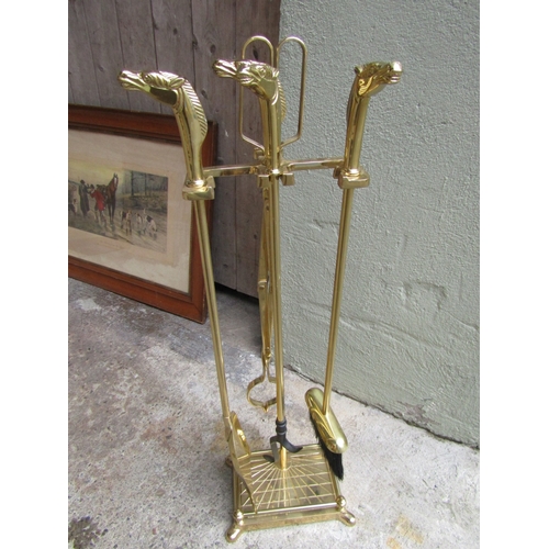51 - Set of Equine Motif Decorated Cast Iron Fire Irons with Original Integral Stand Full Size
