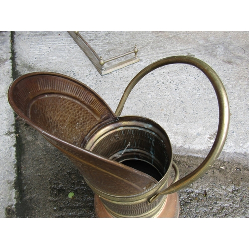 53 - Antique Copper and Brass Upright Coal Helmet with Swing Carry Handle above Shaped Supports Full Size