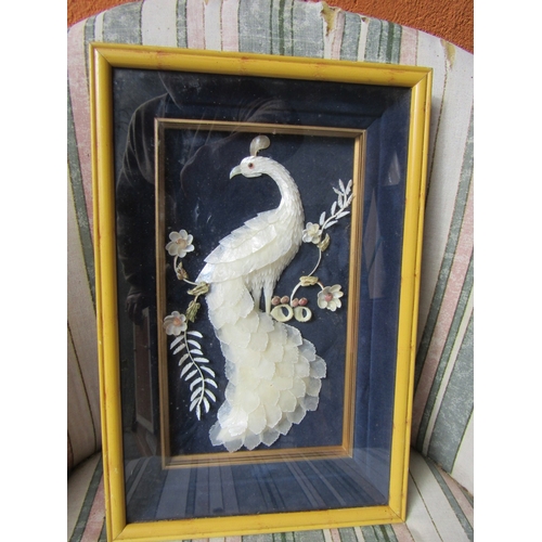 59 - Mother of Pearl Set Piece of Peacock on Dark Navy Background Approximately 14 Inches High x 8 Inches... 