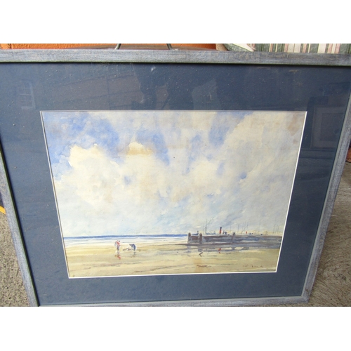 62 - Watercolour Beach Scene with Boat and Harbour Beyond Signed Indistinctly Lower Right Approximately 1... 