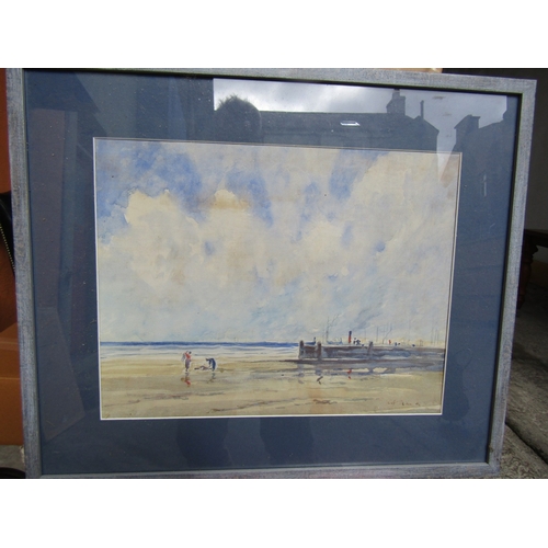 62 - Watercolour Beach Scene with Boat and Harbour Beyond Signed Indistinctly Lower Right Approximately 1... 