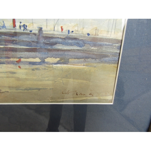 62 - Watercolour Beach Scene with Boat and Harbour Beyond Signed Indistinctly Lower Right Approximately 1... 