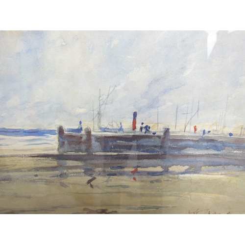 62 - Watercolour Beach Scene with Boat and Harbour Beyond Signed Indistinctly Lower Right Approximately 1... 