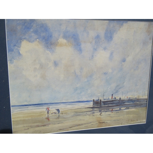 62 - Watercolour Beach Scene with Boat and Harbour Beyond Signed Indistinctly Lower Right Approximately 1... 