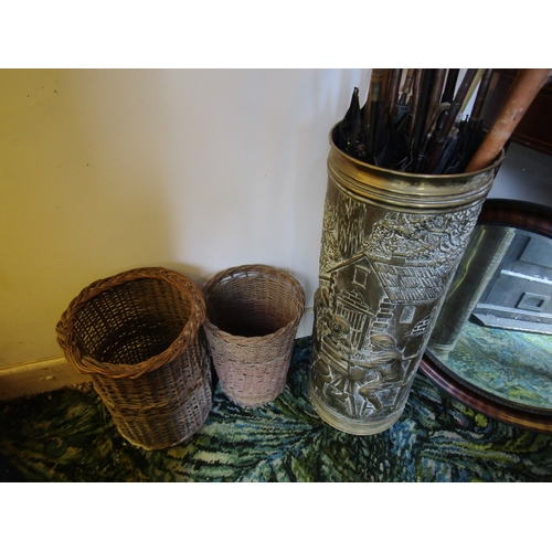 8 - Antique Brass Stick and Umbrella Stand with Two Wicker Baskets Collection of Various Parasols Umbrel... 
