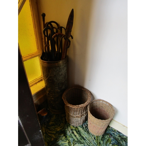8 - Antique Brass Stick and Umbrella Stand with Two Wicker Baskets Collection of Various Parasols Umbrel... 