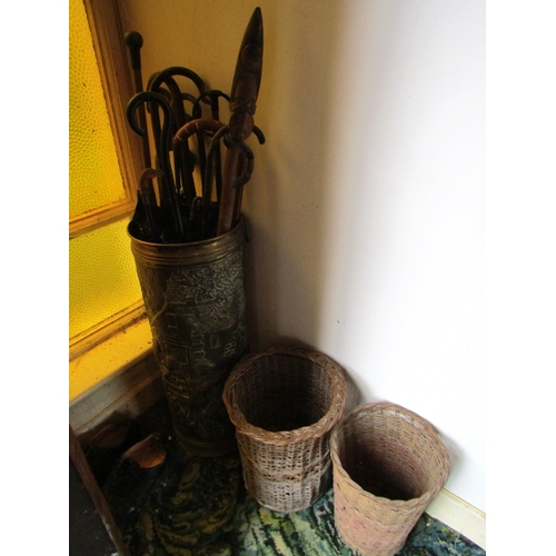 8 - Antique Brass Stick and Umbrella Stand with Two Wicker Baskets Collection of Various Parasols Umbrel... 