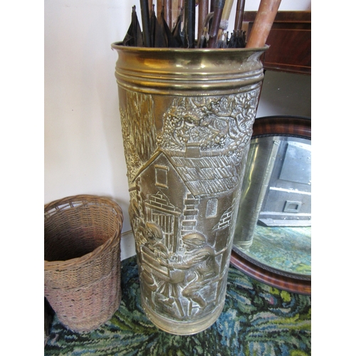 8 - Antique Brass Stick and Umbrella Stand with Two Wicker Baskets Collection of Various Parasols Umbrel... 