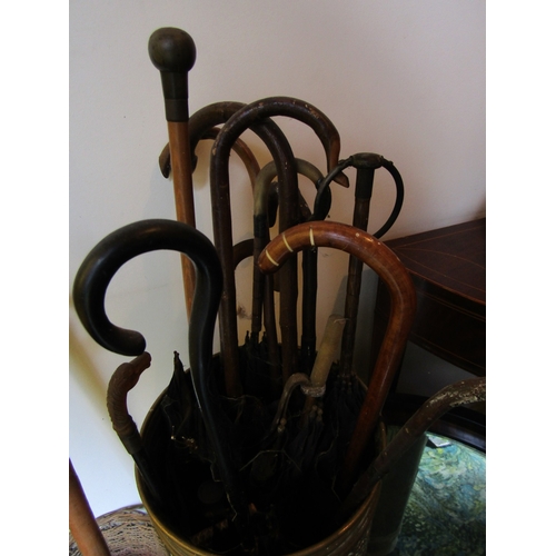8 - Antique Brass Stick and Umbrella Stand with Two Wicker Baskets Collection of Various Parasols Umbrel... 