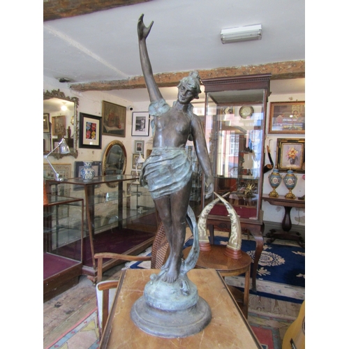 Bronze Sculpture of Draped Winged Figure Circular Stepped Base Hand Aloft Approximately 40 Inches High