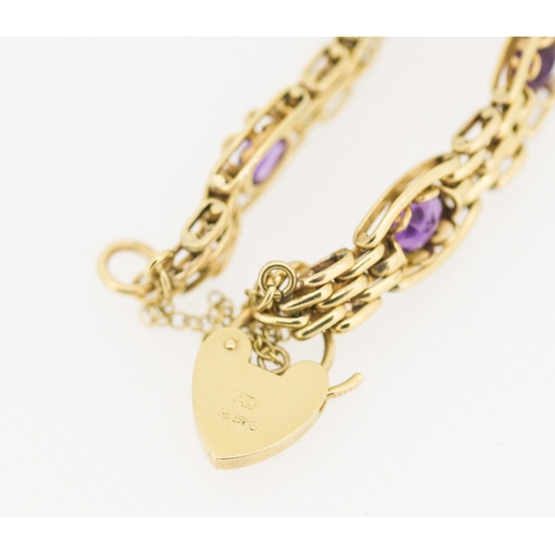1 - Amethyst Seven Stone Bezel Set Gate Link Bracelet Mounted in 9 Carat Yellow Gold with Heart Padlock ... 
