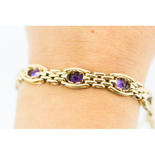 1 - Amethyst Seven Stone Bezel Set Gate Link Bracelet Mounted in 9 Carat Yellow Gold with Heart Padlock ... 