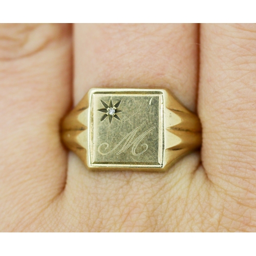10 - 9 Carat Yellow Gold Panel Form Signet Ring with Diamond Inset Inscribed Letter M Ring Size Y