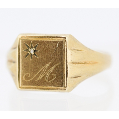 10 - 9 Carat Yellow Gold Panel Form Signet Ring with Diamond Inset Inscribed Letter M Ring Size Y