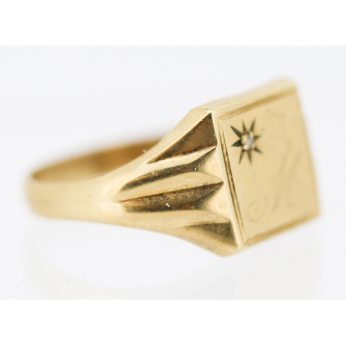 10 - 9 Carat Yellow Gold Panel Form Signet Ring with Diamond Inset Inscribed Letter M Ring Size Y