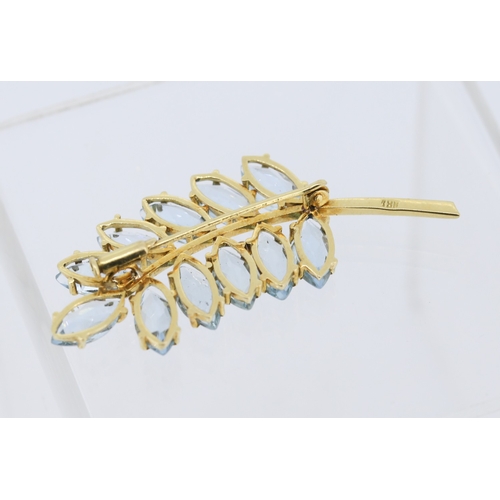 17 - Aquamarine Marquise Cut Eleve Stone Set Leaf Motif Brooch Mounted in 18 Carat Yellow Gold 5cm