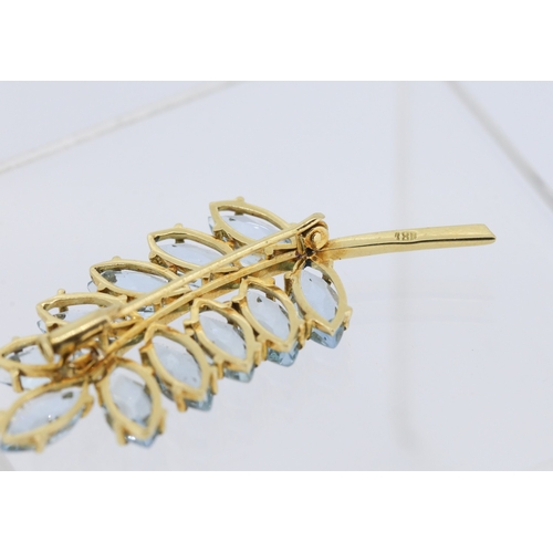 17 - Aquamarine Marquise Cut Eleve Stone Set Leaf Motif Brooch Mounted in 18 Carat Yellow Gold 5cm