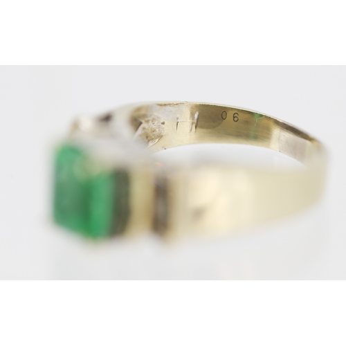18 - Emerald Set Ring with Tapered Baguette Cut Diamond Clusters Set to Shoulders Mounted in 18 Carat Yel... 