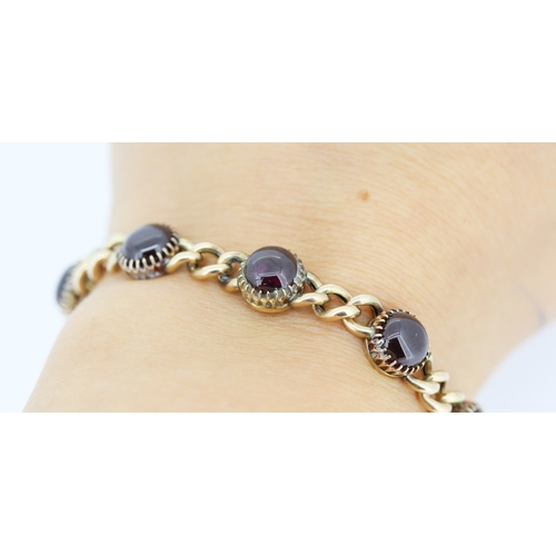Polished Cabochon Berry Garnet Seven Stone Set Bracelet Heart Padlock Clasp Mounted in 9 Carat Rose Gold 20cm Long