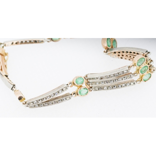 35 - Finely Detailed Nine Stone Emerald and Diamond Set Bracelet Mounted in 14 Carat Rose Gold 19cm Long