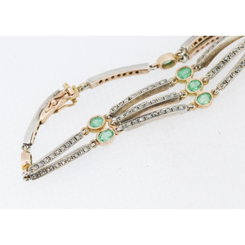 35 - Finely Detailed Nine Stone Emerald and Diamond Set Bracelet Mounted in 14 Carat Rose Gold 19cm Long