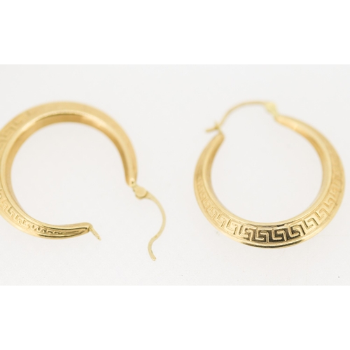 4 - Pair of 9 Carat Yellow Gold Greek Key Motif Drop Hoop Earrings 3cm High
