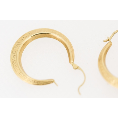 4 - Pair of 9 Carat Yellow Gold Greek Key Motif Drop Hoop Earrings 3cm High