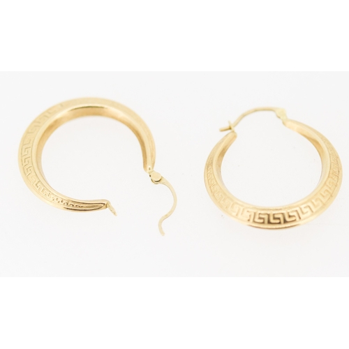 4 - Pair of 9 Carat Yellow Gold Greek Key Motif Drop Hoop Earrings 3cm High