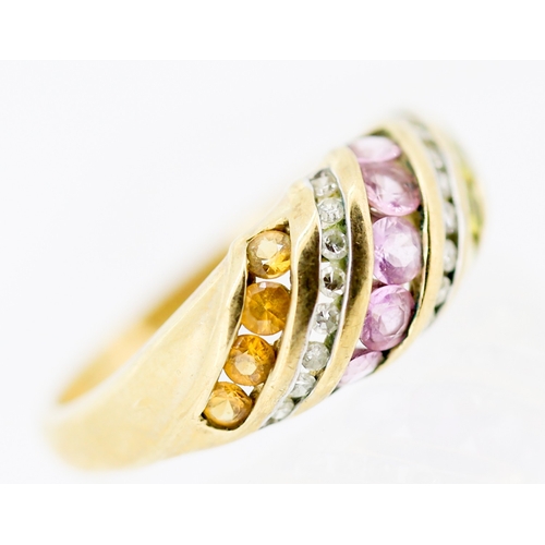 42 - Pink Tourmaline Citrine and Diamond Set Five Row Cluster Ring Mounted in 9 Carat Yellow Gold Ring Si... 