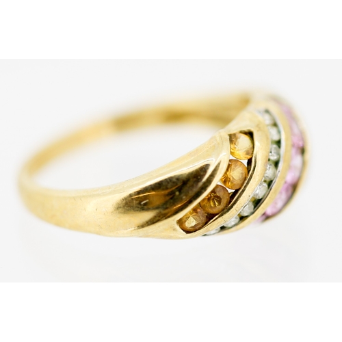 42 - Pink Tourmaline Citrine and Diamond Set Five Row Cluster Ring Mounted in 9 Carat Yellow Gold Ring Si... 