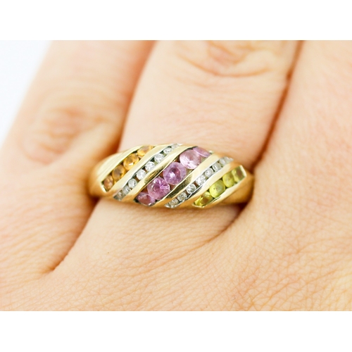 42 - Pink Tourmaline Citrine and Diamond Set Five Row Cluster Ring Mounted in 9 Carat Yellow Gold Ring Si... 