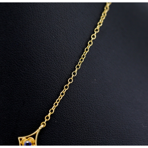 43 - Finely Detailed Sapphire Set Drop Pendant Necklace Mounted in 9 Carat Yellow Gold 46cm Long