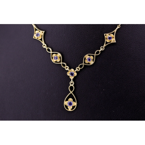 43 - Finely Detailed Sapphire Set Drop Pendant Necklace Mounted in 9 Carat Yellow Gold 46cm Long